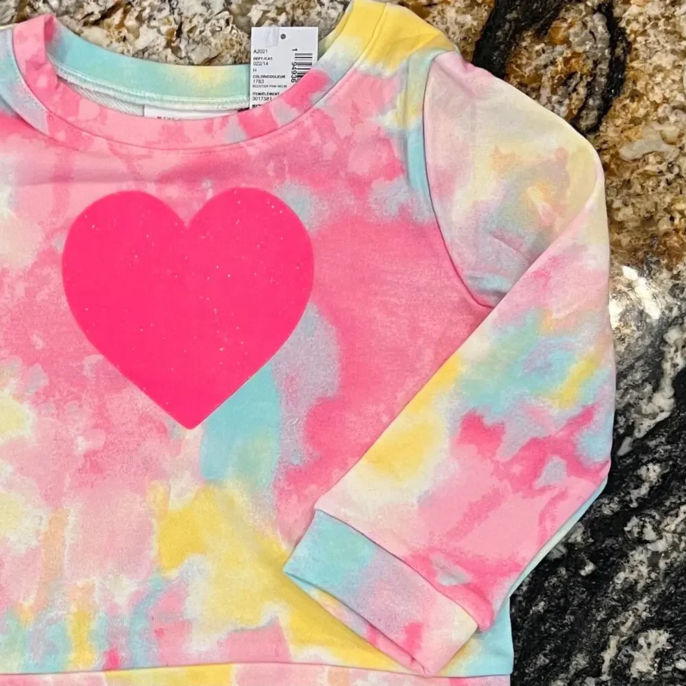 NWT Children's Place Pink Tie Dye W/Glitter Heart Jogger/Top Outfit